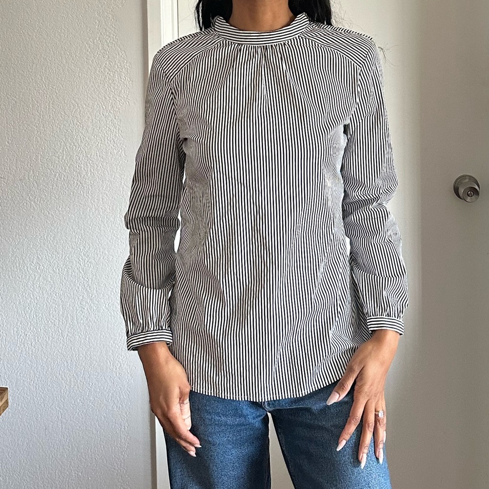 J. McLaughlin Elodie Black and White Striped Tie Back Mock Neck Blouse